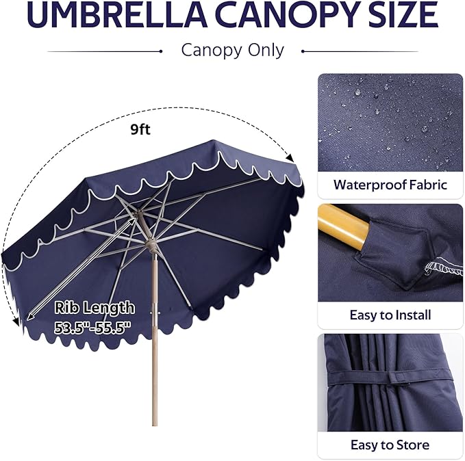 Scalloped Patio Umbrella Replacement Canopy Outdoor Boho Midcentury Market Umbrella Top Cover UV Protection for Patio Beach, Canopy Only