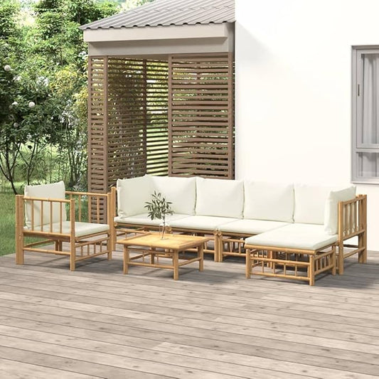 7 Piece Patio Lounge Set with Cream White Cushions, Sectional Sofa Outdoor Dining Sets Patio Conversation Set Porch Furniture Set for Garden Negotiation Area Piazza Poolside Bamboo