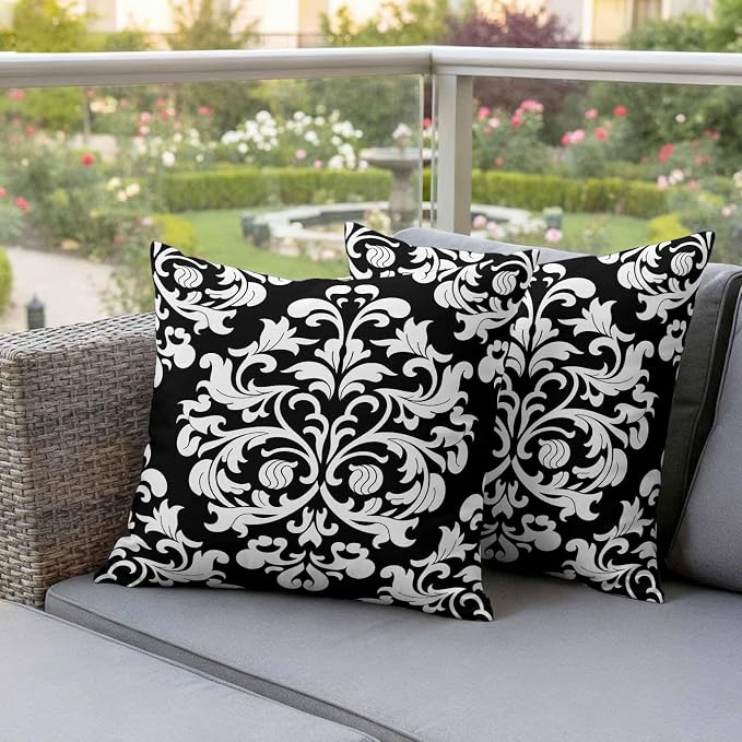 Outdoor Pillow Covers Set of 2, Aesthetic Boho Black White Floral Decorative Throw Pillow Covers 18X18IN, Abstract Minimalist Art Throw Pillows Protector Cushion Case for Patio,Couch,Sofa,Garden