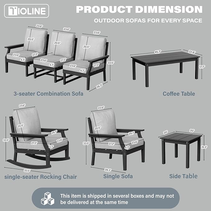 HDPE Patio Conversation Set, 7-Piece All Weather Outdoor Furniture Set with 1 Single Rocking Armchairs for Deck, Lawn, with Cushion, Black