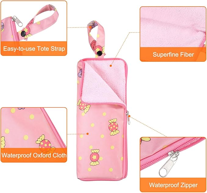 HARFINGTON 2pcs Wet Umbrellas Bag 4.9" x 11" Superfine Fiber Strong Water Absorption Umbrella Case Cover Portable Waterproof Case for Storage Travel Home Outdoor, Pink