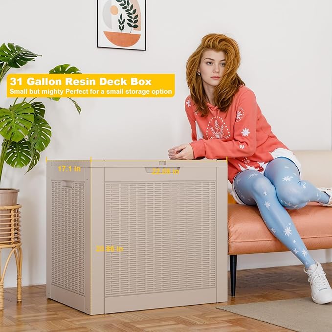 Waterproof Outdoor Storage Box, 31 Gallon Lockable Deck Box, UV-Resistant Outside Storage Bin With Hydraulic Lid For Patio Furniture, Cushion Organizer, Garden Tools, Pool Accessories, Grey