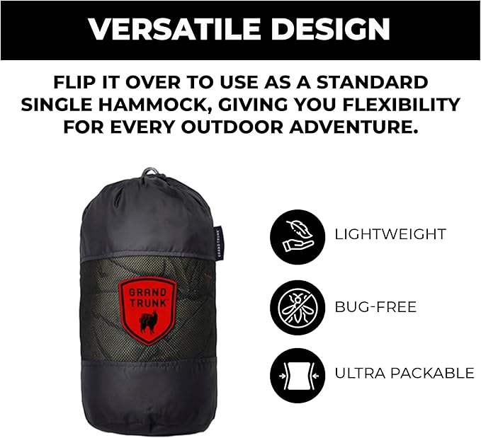 GRAND TRUNK Skeeter Beeter XT Hammock with Bug Net | 10’6” Parachute Nylon Camping Hammock, Carabiners & Hanging Kit | 400 lb Capacity | Olive & Khaki