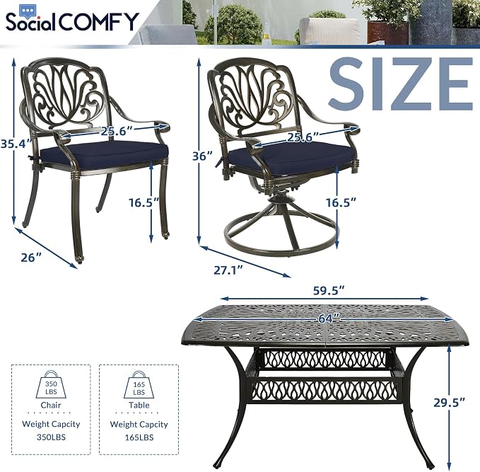9-Piece Patio Cast Aluminum Dining Set, Outdoor Dining Furniture Set for 8 Person, Includes 64" Square Table, 6 Stationary and 2 Swivel Dining Chairs with Umbrella Hole, Navy Blue