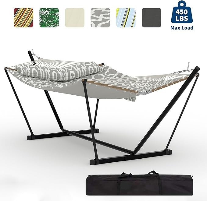 Double Hammocks with Stand for Outside, Heavy Duty Portable Outdoor Hammock with Carrying Bag & Soft Pillow & Paded, 450 LBS Weight Capacity, Perfect for Outdoor Indoor Patio Backyard Garden
