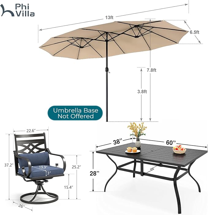 PHI VILLA Outdoor Dining Set with Umbrella for 6, 60" Metal Table & Wrought Iron Swivel Chairs, Patio Furniture with Blue Cushions & Pillows for Deck, Porch, Backyard
