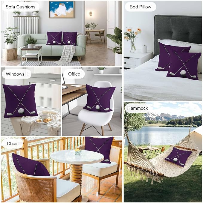 Vandarllin Outdoor Throw Pillows Covers 24x24 inch Set of 2 Waterproof Golf Ball Club Decorative Zippered Cushion Covers for Patio Furniture, Game Sports Purple Lumbar Pillowcases