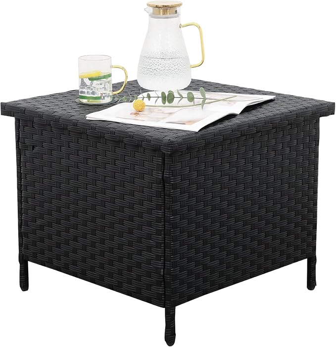 WAROOM Patio Side Table with Storage Resin Rattan Outdoor End Table Wicker Storage Table for Garden Backyard Porch Poolside, Black