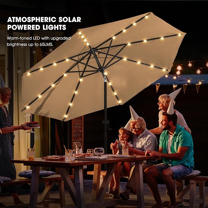 wikiwiki 9FT Solar Led Patio Umbrella, Sturdy Outdoor Market Umbrella for Deck, Pool, Garden w/Tilt, Crank, 32 LED Lights, Tan