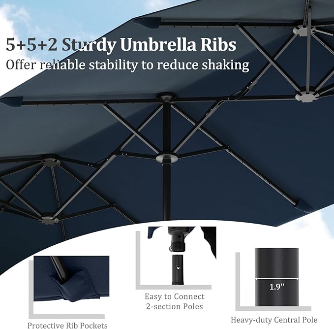 HAPPYGRILL 13 FT Double-sided Patio Umbrella with Solar Lights, Crank Handle & 12 Heavy-Duty Ribs, Outdoor Twin Size Oversized Rectangle Market Umbrella for Garden Deck Poolside