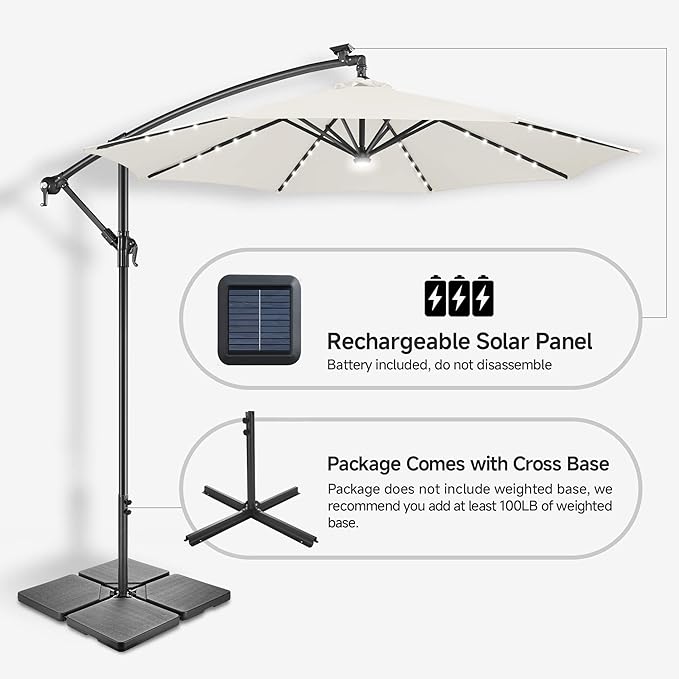Solar Offset Patio Umbrella - 10 FT Solar Cantilever Umbrella Outdoor with 40 LED Lights and Cross Base, UV Protection for Garden, Deck, Backyard, Pool, Porch, Ivory