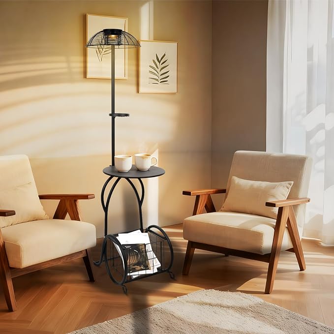 Solar Outdoor Coffee Table with Light, 52.5'' Black Metal Patio Coffee Table, Waterproof IP65 Solar Side Table with Auto Lighting & USB Charging, Outdoor Plant Stand for Patio Porch Backyard Poolside