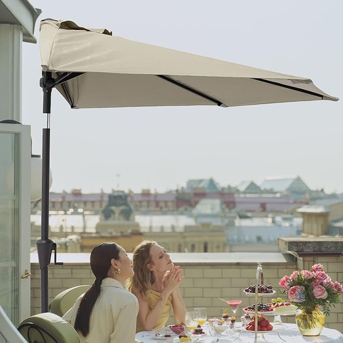 C-Hopetree 9 ft Half Round Outdoor Patio Market Wall Umbrella with Tilt, Taupe