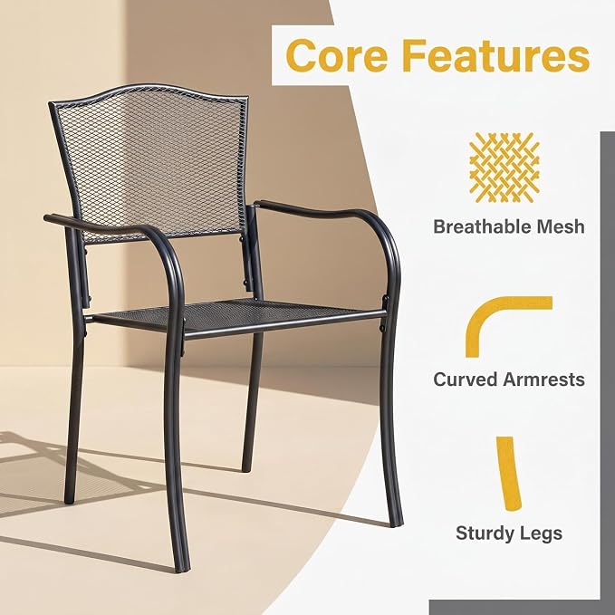 7 Piece Outdoor Dining Set, Patio Dining Table Set for 6, 47" Mesh Round Table with 6 Black Metal Mesh Outdoor Dining Chairs with Armrest for Lawn, Garden, or Porch