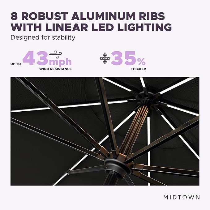 Midtown Umbrellas The LED Swilt 10 Feet Patio Umbrella With Sunbrella Black Acrylic Fabric - Auto-Tilt Aluminum Frame With LED Lights For Backyard, Deck, Garden, Pool - Black Pole