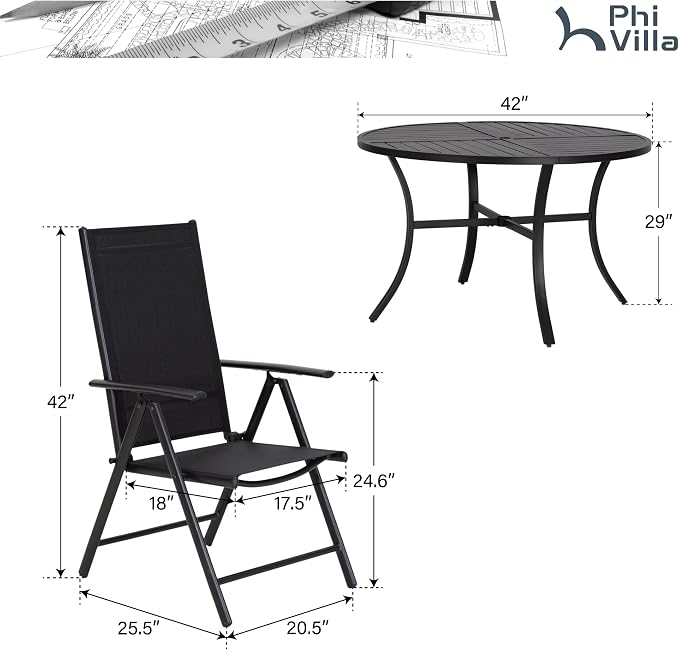 PHI VILLA Round Outdoor Dining Set for 4 with Folding Chairs, Black | Light-weight & space-saving, Breathable & quick-drying, Metal Table, Umbrella Hole, Weather-Resistant, Adjustable, Patio deck