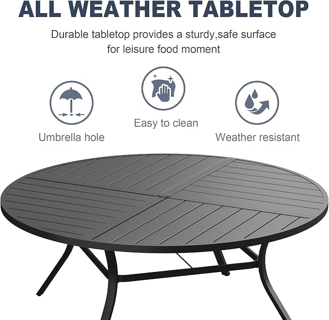 VICLLAX Patio 9 Pieces Outdoor Dining Set, 60" Round Metal Table with Umbrella Hole and 8 Swivel Textilene Chairs for Lawn, Garden, Porch, Black/Brown