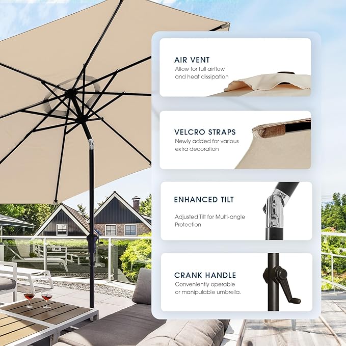 wikiwiki 10FT Patio Umbrella with Base, Outdoor Umbrellas with Base Included, 8 Sturdy Ribs, Waterproof Fade Resistant POLYESTER DTY Canopy for Deck, Lawn, Garden, Backyard & Pool, Beige