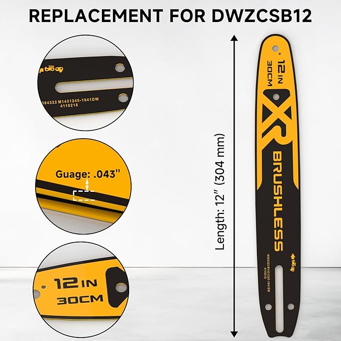 12-Inch Pole Saw Bar for DeWalt Chainsaw, Part No. DWZCSB12 Durable Guide Bar Compatible with DEWALTCordless Chainsaw DCCS620, DCCS620B, DCCS620M1, DCCS620P1