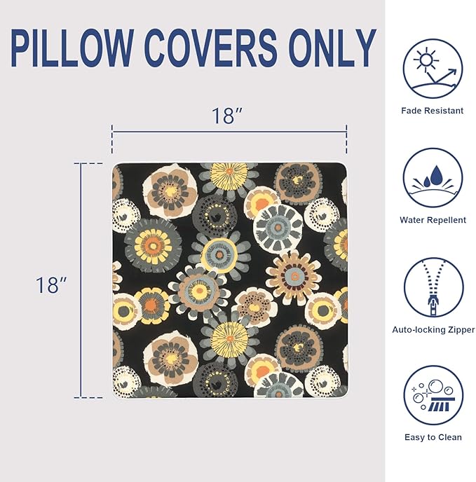 Outdoor Throw Pillow Covers Pack of 2, Decorative Water Repellent Square Pillow Cases with Piping 18x18 Inch, Black Yellow Crosby
