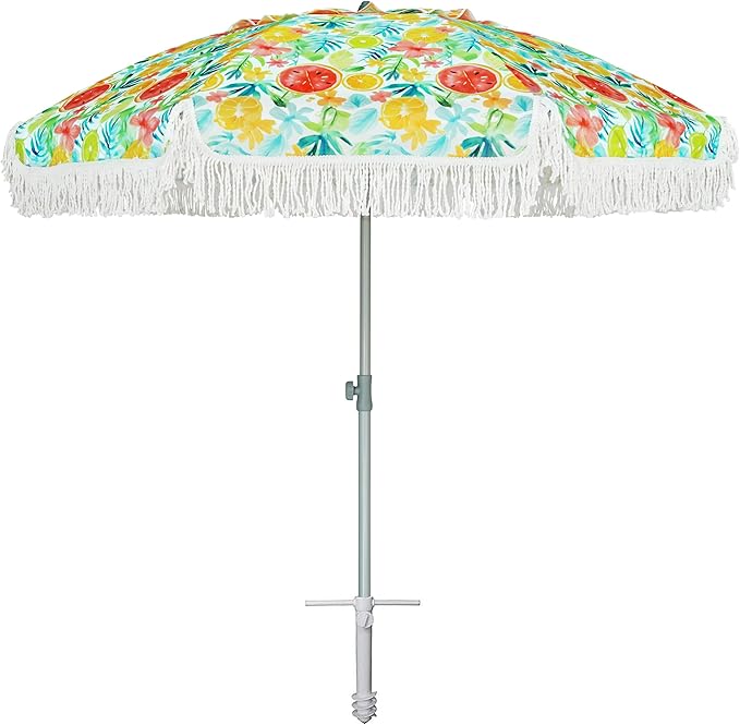 AMMSUN 6.5ft Beach Umbrella with Sand Anchor, Heavy Duty Windproof Beach Patio Umbrella with fringe Tilt & UPF 50+ Sun Protection, Carry Bag for Beach Pool Garden Backyard