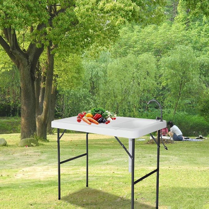 SSLine Portable Outdoor Fish Table Folding Camping Table with Sink Patio Picnic Cleaning Cutting Work Station Desk w/Quick Connect Faucet
