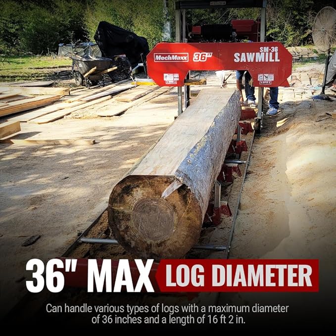MechMaxx 36" MAX Portable Sawmill, 25HP 688cc HONDA GX690 V-Twin Engine, 35" Board Width, 20' Track Length, (10 x Blades Included),Model SM36HMAX