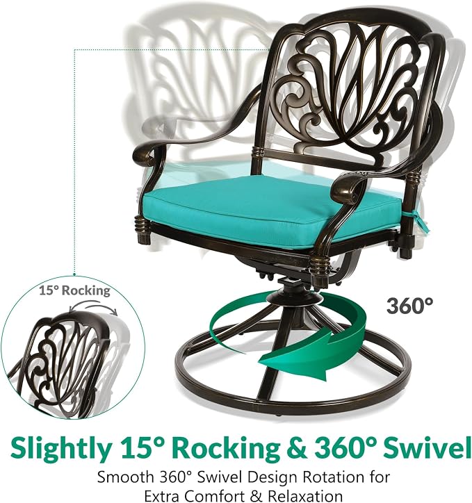 VIVIJASON 9-Piece Outdoor Furniture Dining Set, All-Weather Cast Aluminum Patio Conversation Set, Include 6 Stationary Chairs, 2 Swivel Dining Chairs, Oval Table with Umbrella Hole, Ocean Blue Cushion