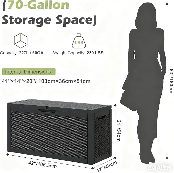 Outdoor Storage Box, Resin Deck Boxes Indoor and outdoor, Waterproof Storage Box Lockable Lid (Black, 70 Gallon)
