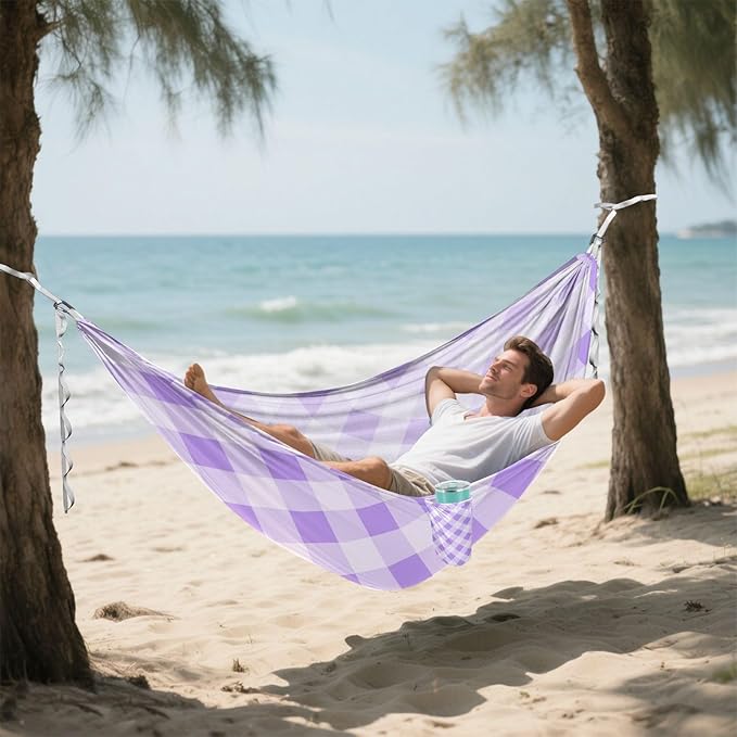 Purple and White Checkered 330lb Capacity Camping Hammock with Tree Straps Hanging Hammock for Outside Patio Garden hamacas para Deck