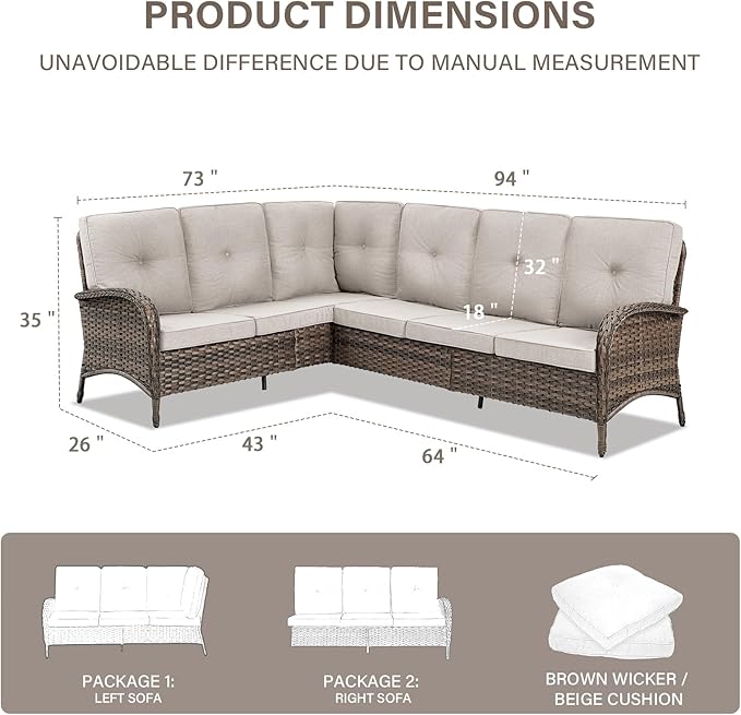 Belord 6-Seater Outdoor Sectional Sofa L Shaped Couch Patio Conversation Furniture Set, PE Wicker Patio Sectional Sofa with Removable Beige Cushion for Deck Sunroom Backyard