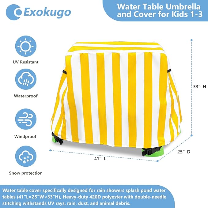 Kids Water Table Umbrella and Cover, Heavy-Duty 600D Waterproof Anti-UV Dustproof Water Table Cover with Umbrella, Compatible with Step2 Rain Showers Splash Pond Water Table, Yellow
