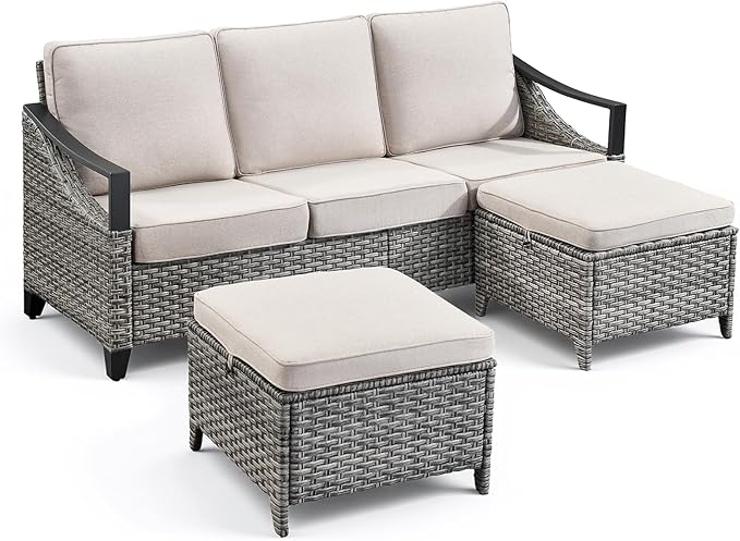 3 Pieces Wicker Patio Furniture Sofa Set-Outdoor Wicker Patio Furniture Covered Couch with Multifunctional Ottoman and All-Weather Outdoor Patio Conversation Set for Backyard Porch Garden Grey/Beige