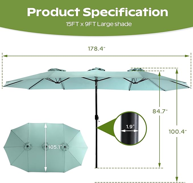 15ft Umbrella Outdoor Patio - Double-Sided Large Market Rectangle Umbrellas with Crank Handle for Patio Garden Yard Pool (No Base)
