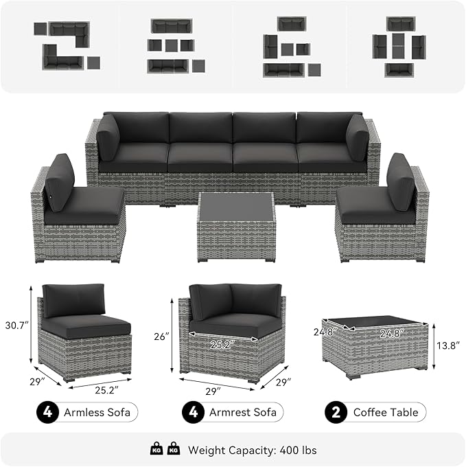 LazySunsets 10-Piece Patio Furniture Set, Wicker Rattan Outdoor Furniture with Thick Cushions, Patio Conversation Sets with Coffee Table, Outdoor Sectional Couch Sofa with Waterproof Cover, Black