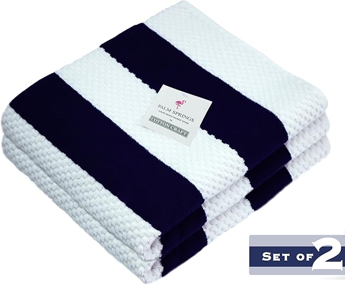 COTTON CRAFT Beach Lounge Chair Cover – 2 Pack Euro Spa Waffle Terry Towel Cabana Stripe Pool Chair Cover - 100% Cotton - 450 GSM Absorbent Quick Dry - Oversized 32 W x 82 L x 7 inch Pocket - Navy