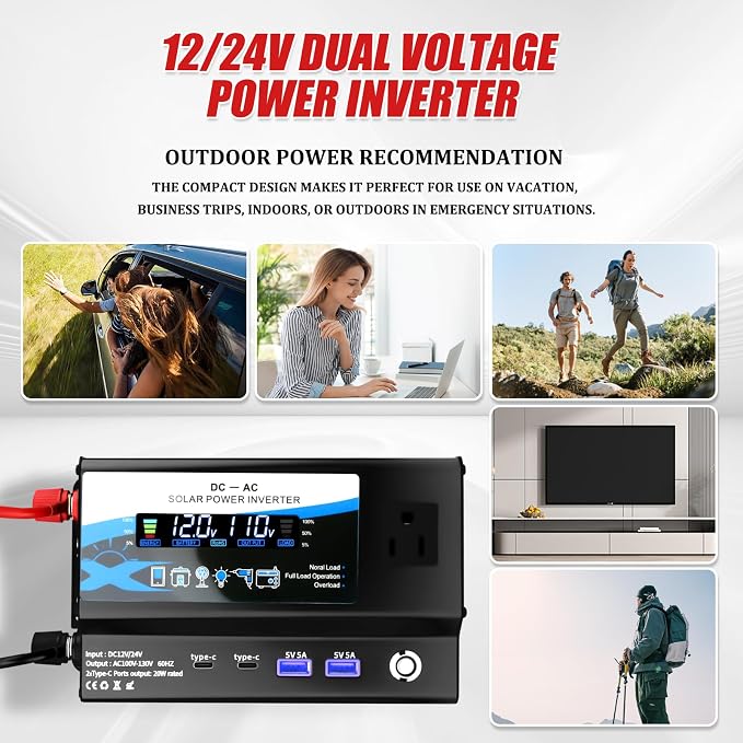 12V/24V Car Power Inverter Converter, Dual Type C Dual USB Dual Cigar Lighter Ambient Light LCD Display Adapter with Wide Compatibility, Suitable for Cars and Trucks (Black, 600W)