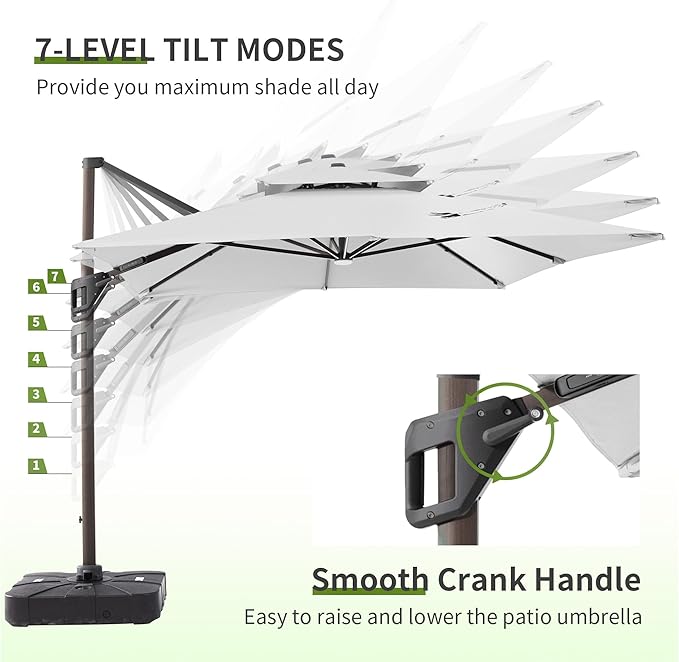 JZAC & QZYD 9x12 FT Outdoor Cantilever Patio Umbrella with Base Included and LED Lights, Large Heavy Duty 2-Tier Aluminum Offset Umbrellas with 360-Degree Rotation for Pool Deck, FogGrey
