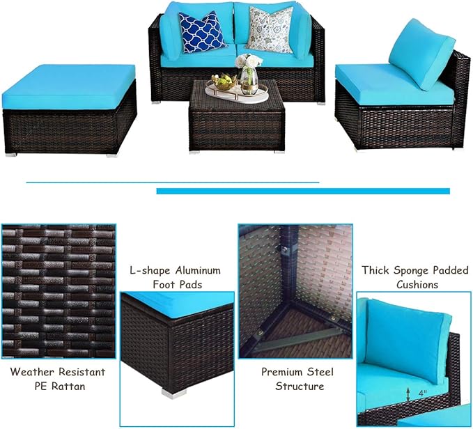 DORTALA 5 Pieces Patio Rattan Furniture Sets, Sectional Sofa Conversation Set w/Steel Frame & Sponge Cushions, Modern Wicker Combination Sofa Set w/Ottoman & Table for Garden Lawn Balcony, Turquoise