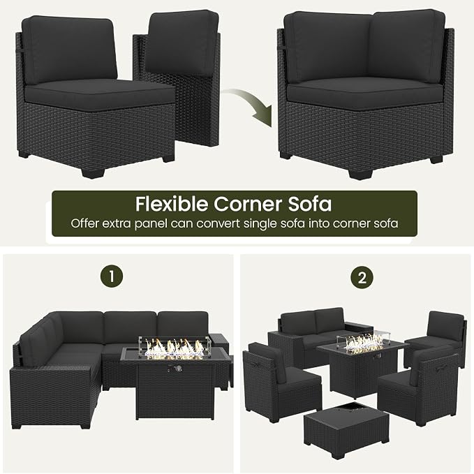 LayinSun 13 Pieces Outdoor Patio Furniture Set with 44" Fire Pit Table Rattan Sectional Sofa Conversation Sets