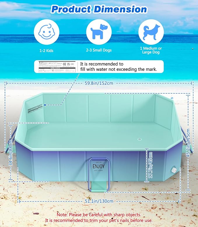 MoKo Foldable Pool, Portable Above Ground Non-Inflatable Swimming Pool for Adults & Kids, Outdoor Portable Kiddie Pools for Garden Backyard Dogs, 59" x 45" x 17", Glacial Blue