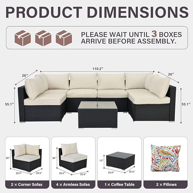 7-Piece Outdoor Patio Furniture Set – Handwoven All-Weather Rattan & 4” Thick Waterproof Cushions, Wicker Outdoor Conversation Sets with Coffee Table for Deck, Backyard, Garden, Black/Beige
