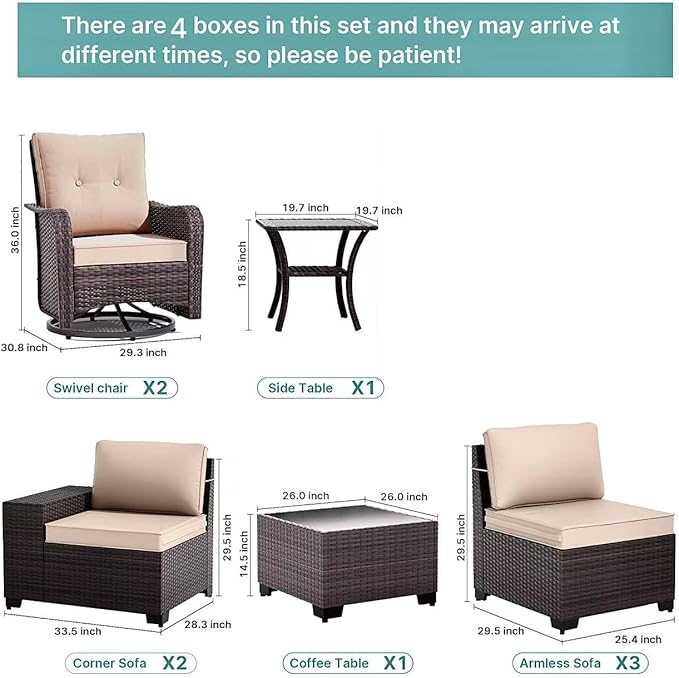 Gotland 9 Pieces Patio Furniture Set, 7-Seater Patio Furniture in 4 Combinations with Wide Armrests 29.5'' High Backrest, 2 Swivel Rocking Chairs 1 Coffee Table, for Deck Garden Pool Party Khaki
