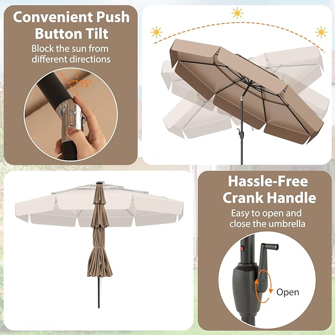 Tangkula 10 FT Solar LED Patio Umbrella, 3-Tiers Scalloped Outdoor Table Market Umbrella with 32 LED Lights, Tilt Adjustment, Crank, 8 Sturdy Ribs for Pool, Deck, Backyard (Tan)