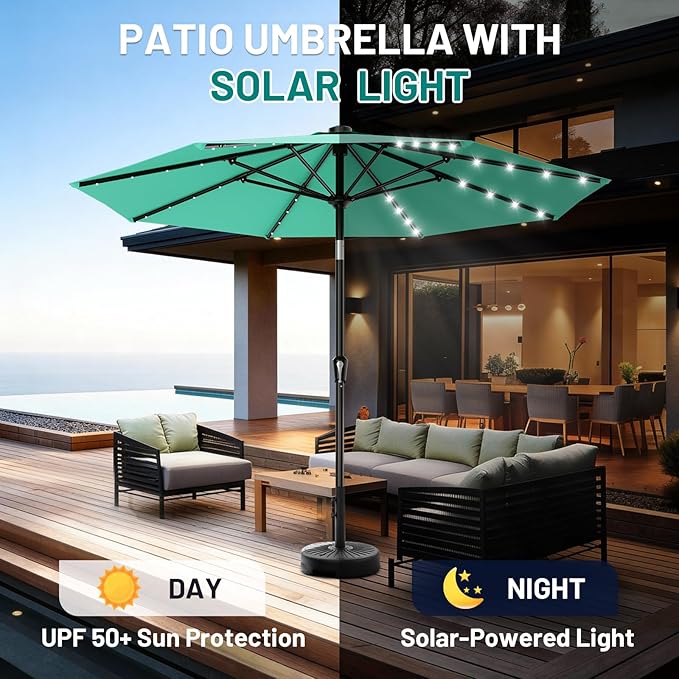 AreShark 9FT Patio Umbrella with Solar Lights, 32 Lighted Pool Umbrella w/Tilt and Crank, Outdoor Market Solar Umbrellas for Garden, Deck, Backyard, Pool and Beach, Cerulean