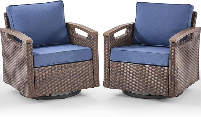 Rilyson Outdoor Patio Swivel Rocking Chairs Set of 2, All Weather Wicker, Metal Armrest, Deep Seating, Thick Comfortable Cushions, Ideal for Deck Porch Backyard, Brown/Blue