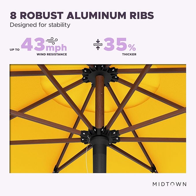Midtown Umbrellas The Wooden 10 Feet Patio Umbrella With Sunbrella Yellow Acrylic Fabric - Aluminum Frame Market Umbrella For Backyard, Deck, Garden, Pool - Wooden Pole