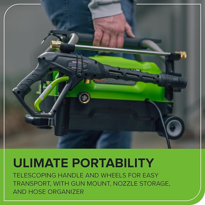 Greenworks 2100 PSI (1.2 GPM) Electric Pressure Washer (25°, 40°, Turbo Nozzle, Soap Applicator) for Use On Decks, Fences, Concrete Patios, Sidewalks & More. Medium-Duty