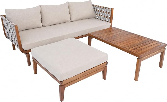 Christopher Knight Home Gwen 3 Piece Acacia Wood Patio Conversation Set with Sofa, Coffee Table and Ottoman, 3-Seater Sofa with Water-Repellent Cushion, Outdoor Patio Furniture Set, Teak+Beige