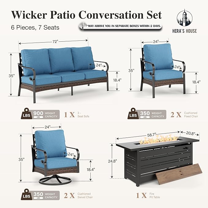 HERA'S HOUSE 6 Piece Metal Patio Furniture Set with 56" Fire Pit Table, All Weather Outdoor Conversation Set 7 Seats, 3 Seat Sofa, 2 Swivel Chairs, 2 Fixed Chairs for Backyard Garden Deck, Navy Blue